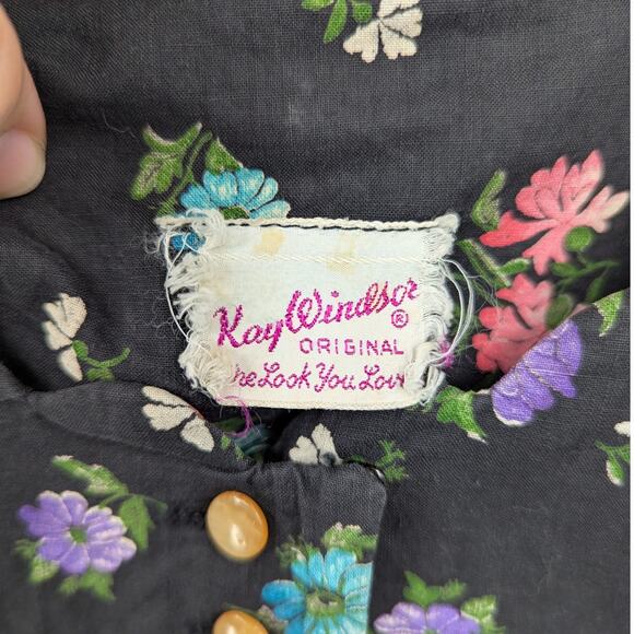 Vintage 1950s Kay Windsor Black Cotton Small Floral Fit & Flare Midi Dress - Picture 3 of 3